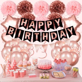 Rose Gold Birthday Party Decorations for Women Girls, Rose Gold and Pink Happy Birthday Banner Hanging Swirls Heart Star Foil Confetti Balloons Paper Pom Poms for Birthday Princess Party Supplies