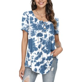 POPYOUNG Women Tunic for Leggings Ladies Henley Shirts Short Sleeve Tops Summer Blouse L, Colorful Blue