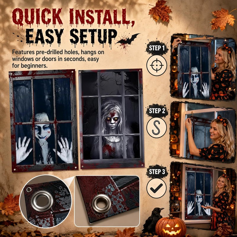 2 PCS Halloween Window Decorations Scary Ghost and Bloody Zombie