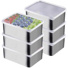 Pack of 6 Cold Food Boxes for Fridge, 13.8 x 5.7 x 10.8 cm, Freezer Containers, Stainless Steel Container with Lid, Food Storage Containers with Lid, Stackable Box, Meal Prep Boxes for Cheese, Meat