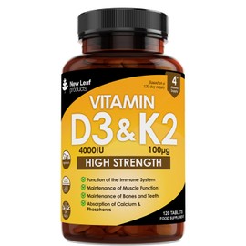 Vitamin D3 K2 - Vitamin D3 4000iu & Vitamin K2 100ug (MK7) 4 Months Supply, Supports Immunity, Calcium Absorption and Bone Health, Non-GMO, UK Made by New Leaf 365 Micro Small Vegetarian Tablets,