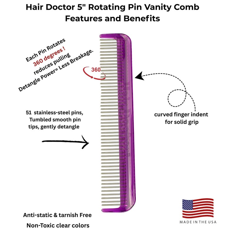 Hair Doctor Vanity Comb with silky smooth rotating teeth prevents