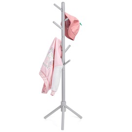 Kid's Coat Rack Stand Beech Wood Coats Tree, Height Adjustable Freestanding Child Clothes Racks with 9 Hooks for Cloth, Hats and Handbags, Hallway, Entryway,Bedroom, Easy Assembly (Grey)
