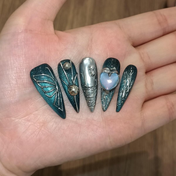TENPAL Handmade Press on Nails Long Stiletto,Galaxy Ombre Blue-Black Fake