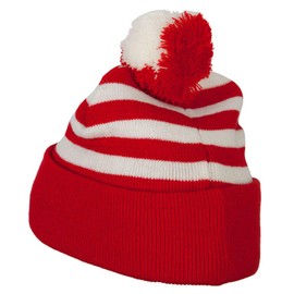 Santa Claus Head Embroidered Striped Pom Cuff Beanie - Red White OSFM