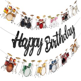 Drum Birthday Party Banners Music Drum Birthday Party Decoration Black Glitter Happy Birthday Banners for Drum Theme Birthday Party Drummer Birthday Party Baby Shower Supplies