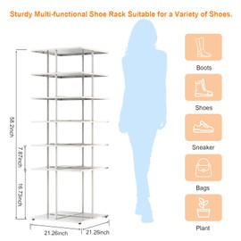 PHUNIGEEFT Spinning Rotating Shoe Rack: All-Metal 7 Tier 360 Revolving Shoe Organizer, Vertical Closet Organization Storage for Entryway, Door, Living Room, White