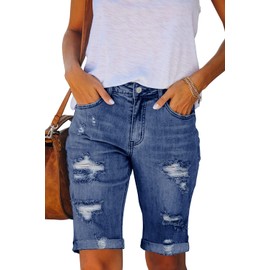 Necooer Womens Blue Five Points Denim Shorts Summer High Waist Stretchy Distressed Denim Shorts (Medium,A-Blue)