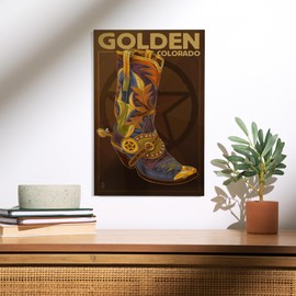 Lantern Press 12x18 Inch Premium Wood Sign, Ready to Hang Wall Decor, Golden, Colorado, Boot and Star