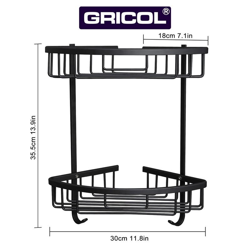 Gricol Corner Shower Basket, No Drilling Required, Aluminium with Hooks,
