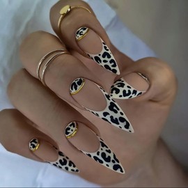 TBRZTR French Tip Press on Nails Long Length Leopard False Nails Full Cover Coffin Nails Almond Shaped Leopard Stick on Nails Acrylic Artificial Nails Glossy Glue on Nails for Women Manicure Kit 24Pcs