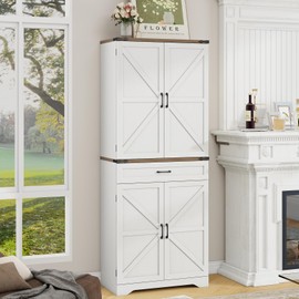 Emirde Farmhouse Storage Cabinet with Drawer, Kitchen Pantry Cabinet with Organizer, Freestanding Cupboard Large Capacity Storage for Kitchen, Living Room, Dining Room, White