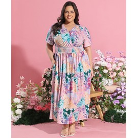 CARCOS Plus Size Maxi Dress for Curvy Women, Multicolor Floral Boho V-Neck High Waist Graduation Dress with Pockets, 5XL 26W 28W