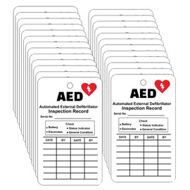 Haobase 25 Pcs AED Automated External Defibrillator Inspection Record, Double Sided Inspection Record Tags with Cable Ties, 150mm x 90mm, Red/Black on White