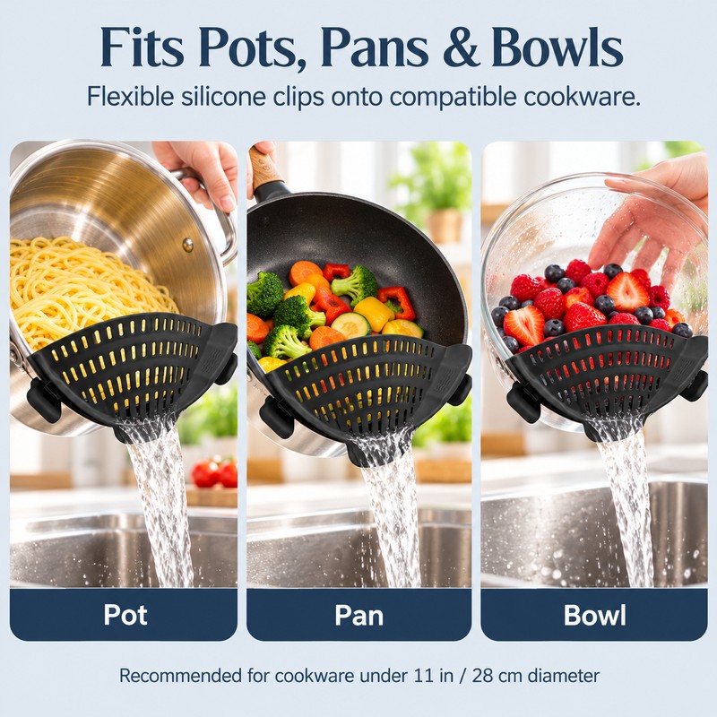 Clip-On Silicone Pot Strainer for Pasta, Vegetables & More –
