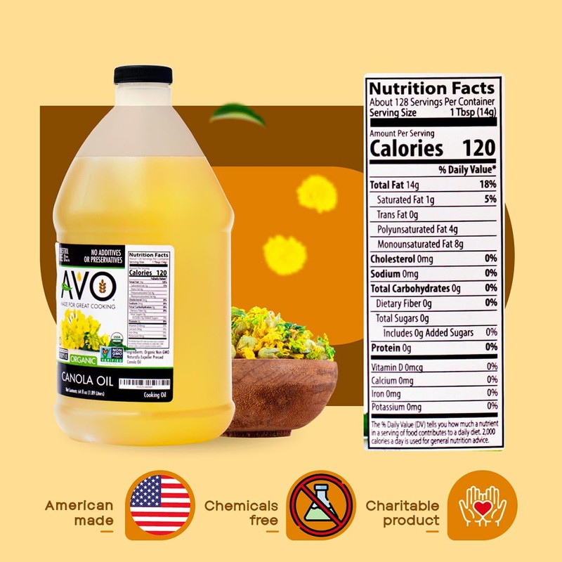 AVO ORGANIC CANOLA Oil Frying, Baking, Non-stick Sautéing, Salads, Vinaigrette,