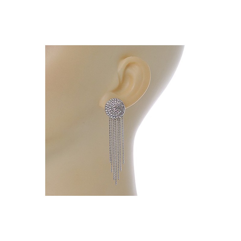 Silver Tone Clear Crystal Pave Set Button with Multi Chain