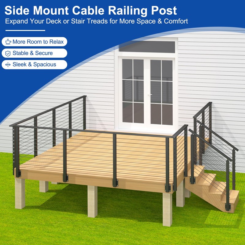 BLIKA 36" Side Mount Cable Railing Posts, Stainless Steel, Level