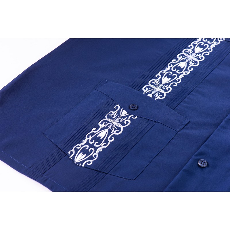 Men's Guayabera Shirts Short Sleeve Casual Snap Shirts(Navy 2XL)