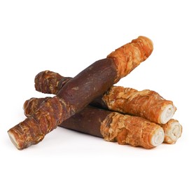 MON2SUN Dog Treats Triple Flavor 9 Inch Chicken Liver Duck and Chicken Wrapped Rawhide Rolls, Teeth Cleaning and Long Lasting Chews for Medium and Large Dogs, 22.2 oz(4 Count)
