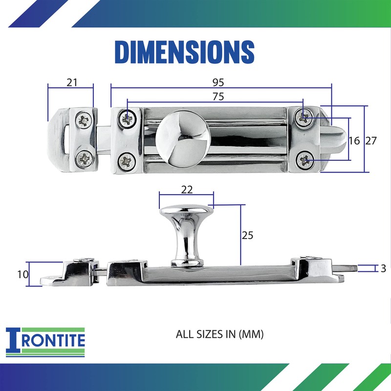 IRONTITE® 2 Pack Polished Chrome Sliding Door Lock Internal, Surface
