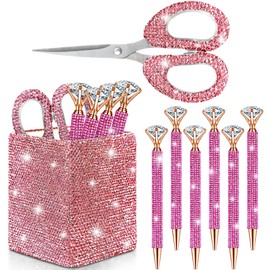 Qilery 8 Pcs Bling Desk Accessories for Valentines with 1 Bling Pen Holder 6 Pcs Crystal Rhinestone Pens 1 Crystal Scissors Glitter Crystal Makeup Brush Holder Vanity Decor Organizer(Pink)