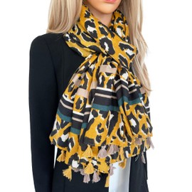 The Accessory Co. Ladies Large Leopard Print Scarf for Women, Animal NHS Colourful Rainbow Bright Striped, Shawl Wrap Long Neck Scarf (Mustard Tassel)