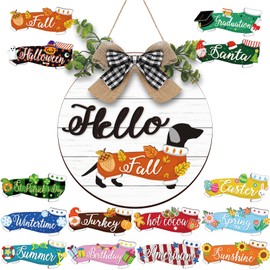Glenmal 16 Pcs Seasonal Interchangeable Dachshund Door Welcome Sign Cute Wooden Dog Welcome Sign for Front Door Rustic Replaceable Home Porch Sign for Fall Autumn Christmas(White)