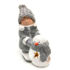 DARO DEKO Winterkind Boy with LED Snowman 16 cm Decorative Figure Christmas Decoration