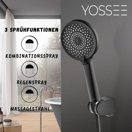 YOSSEE Hand-held shower head with holder - 12 cm matt black - 3 functions high pressure