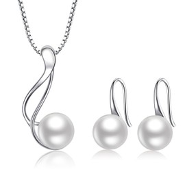 Freshwater Pearl Jewellery Set Earrings Necklace Solid 925 Silver for Women, Silver, Pearl