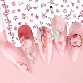 Cherry Blossom Nail Art Stickers, 3D Pink Flowers Nail Self-Adhesive Sticker Deisgns, Spring Red Plum Peach Leaf Dry Floral Nail Art Decals Supplies for Women DIY Manicure Flower Nail Art Decorations