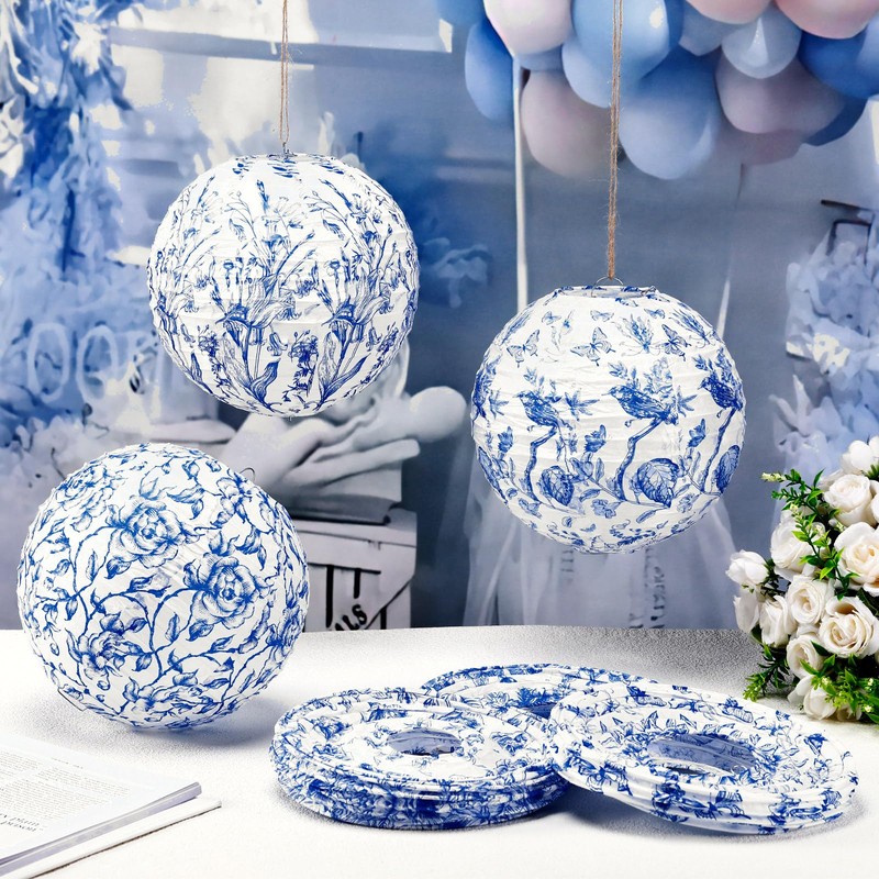 12 Pcs Blue and White Paper Lantern 8 Inch Chinoiserie