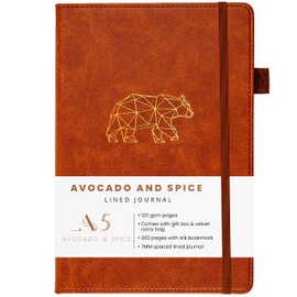 Avocado & Spice A5 Notebook Lined Travel Diary, Notepad, Journal, A5 Hardcover Daily Planner with Gift Box & Velvet Bag - with Bookmark, Elastic Band, Pen Holder, 200 Pages Brown