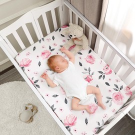 PHF Soft Mini Crib Sheet Set, 2 Pack Silky Comfy Pack N Play Sheets for Girls, Universal Fit for Pack N Play, Playard and Mini Crib Mattresses, Pink Floral