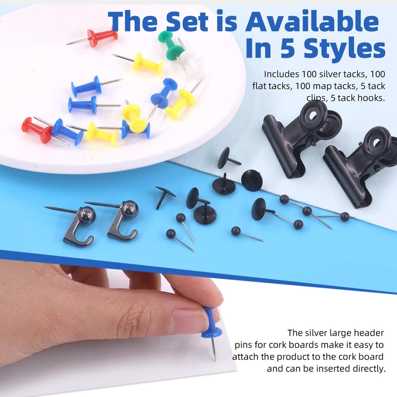 Glarks 310 Pieces 5 Styles Black Push Pins Set, Thumb