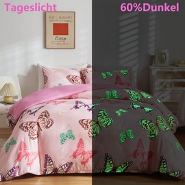 GETIYA Butterfly Bed Linen, 135 x 200 cm, Pink, Girls’/Ladies’ Microfibre Duvet Cover, Butterfly Pattern, Glows in the Dark, Single Bed, with Pillowcase, 80 x 80 cm