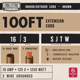 Cablectric Brown 100' Extension Cord, 16/3 Heavy Duty Cable with 3 Prong Grounded Plug for Safety, 15 AMP for Garden, Lawn, Tools & Major Appliances, 100' Outdoor Extension Cord 3 Prong