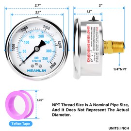 MEANLIN MEASURE 0~5000Psi Liquid Filled Pressure Gauge 1/4" NPT 2.5" FACE DIAL Stainless Steel Glycerin Filled WOG Water Oil Air Back Mount