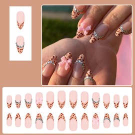 Leopard Print French Tip Press on Nails Medium Length Almond Fake Nails Bow False Nails Brown Nude with Rhinestone Design Glossy Acrylic Stick on Nails for Women Decor Manicure Supplies