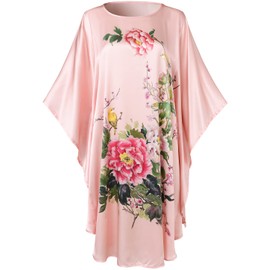 Ledamon Women's 100% Silk Short Robe Bathrobe Nightgown Sleepwear Pajama -Classic Batwing Sleeved (Light Pink-B)