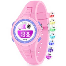 Facasu Kids Digital Watch for Boys Girls, Colorful Light 50M Waterproof Outdoor Sports Watch for Toddler Children with Stopwatch Alarm 12/24 H Functions - Kids Gifts for Boys Girls Ages 4-15(Pink)