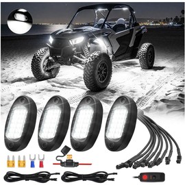 4Pods All Pure White LED Rock Lights Full Kit Plug and Play & Pre Wired 6500K with Switch Wiring Harness Extension Fuse, 60Chip Waterproof Bright Underglow 12V for UTV ATV Offroad RZR Four Wheeler SXS