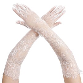 Women's White Lace Gloves, Mesh Tulle Sheer Long Glove Elegant Floral Costume Gloves Elbow Length Bridal Wedding Glove for Wedding, Opera Party, Tea Party