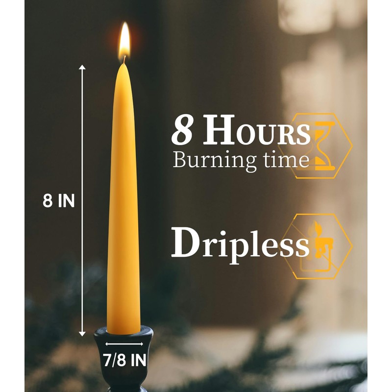 24 Packs Natural Beeswax Taper Candles 8 inch Beeswax Candles