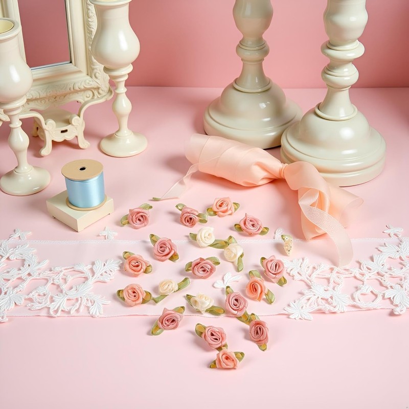 100 Pcs 15mm Multicoloured Mini Rose Flowers Satin Ribbon Bows