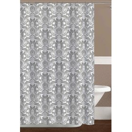 CHD Home Fabric Shower Curtain, Damask Floral Design, Grey and White, 72x72 Inches, Jacquard Weave, Luxury Style, Bathroom Decor (Zoe)