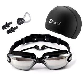 [Mokiro] Swimming Goggles, Swim Goggles, UV Protection, Anti-Fog, Nose Bells, Swim Cap, Ear Plugs, Adjustable, Portable, Anti-UV, Comfortable for Men, Women, Adults, Children