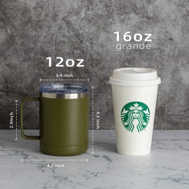 MEWAY Taza de café de 12 oz con asa y tapa deslizante, vaso de viaje de acero inoxidable con asa, taza de camping de doble pared con aislamiento al vacío (Verde ejército, Juego de 1)