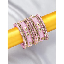 Aheli Silk Thread Kundan Studded Chura Chuda Bangle Set Gift for Women 2.8 inch, Light Pink